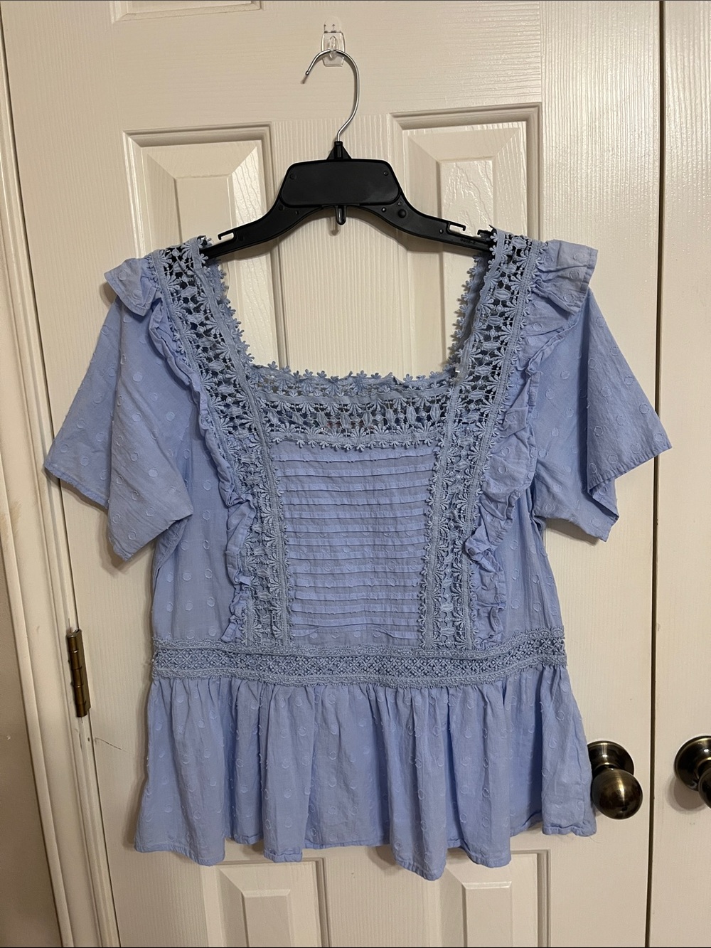 Women's Light Blue Lace Trim Peplum Blouse